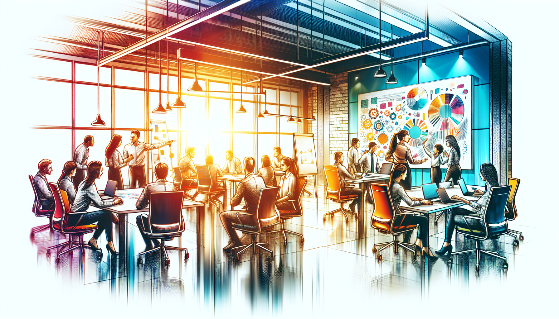 Diverse group of employees collaborating in a vibrant workspace